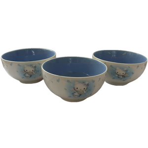 Set 3 Vintage Hello Kitty Sanrio 2000 Ceramic Bowls Blue Floral Angel Design